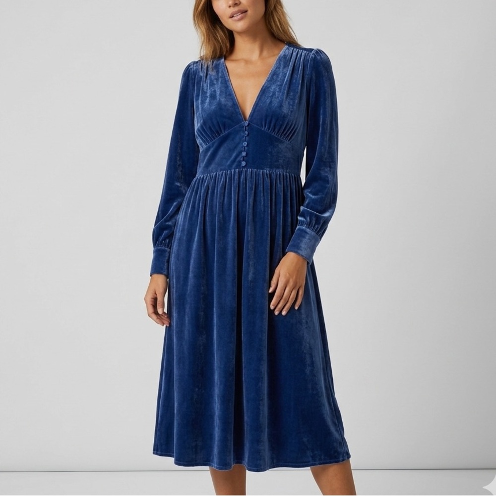 Boden Blue Velvet Midi Dress 14 Blue  Long Sleeve Empire Waist Party